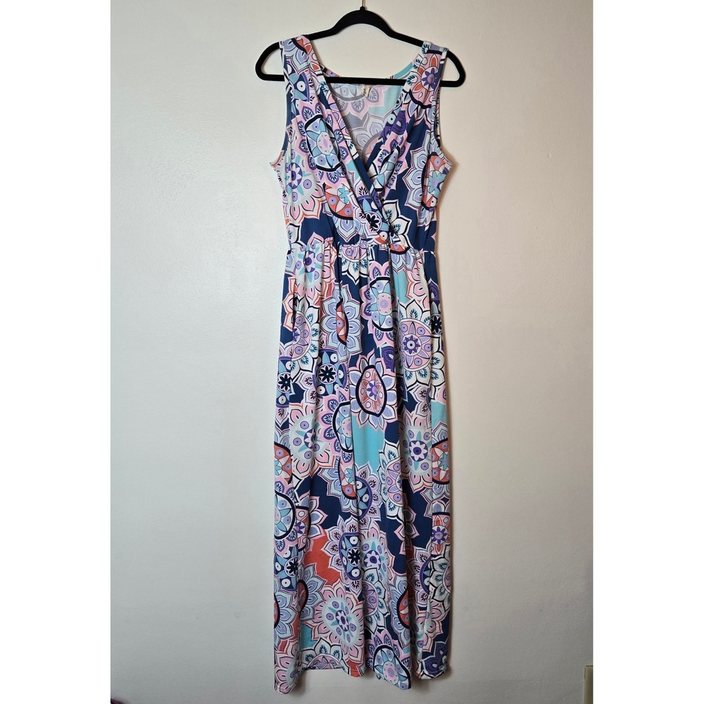 Womens XXL Mandala Floral Maxi Dress with Pockets Navy Blue Boho Sleeveless Wrap